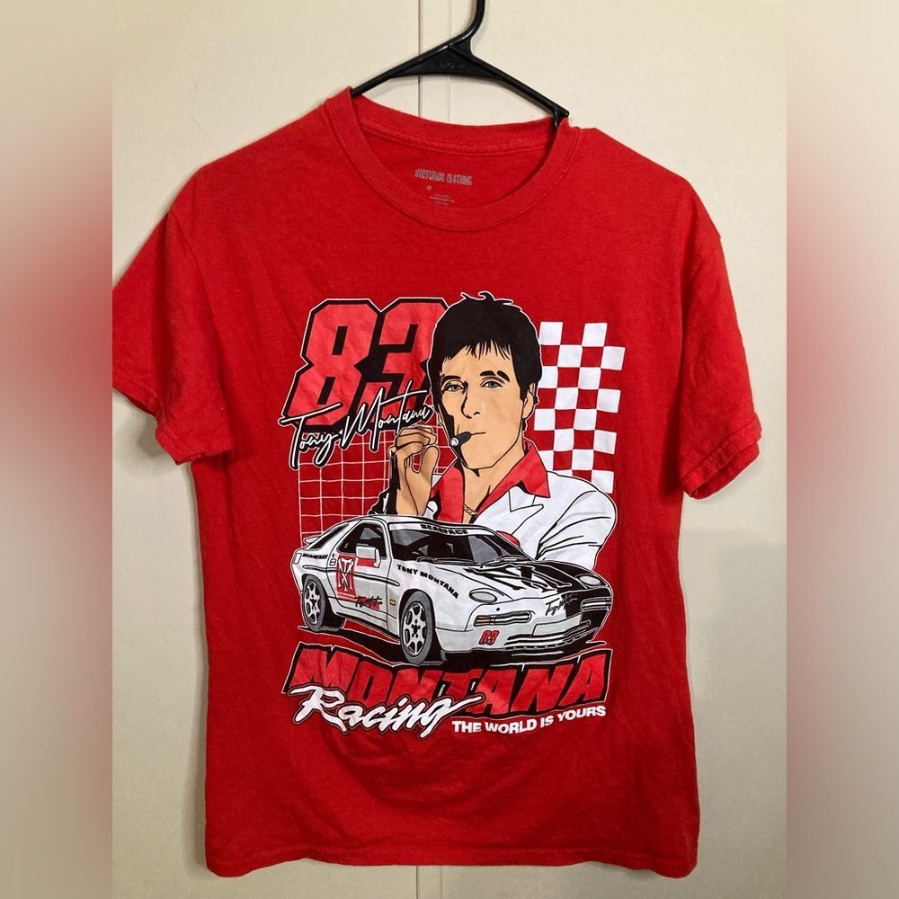 Scarface Tony Montana Shirt Red #83 Montana Racing Tee Unisex Size M
